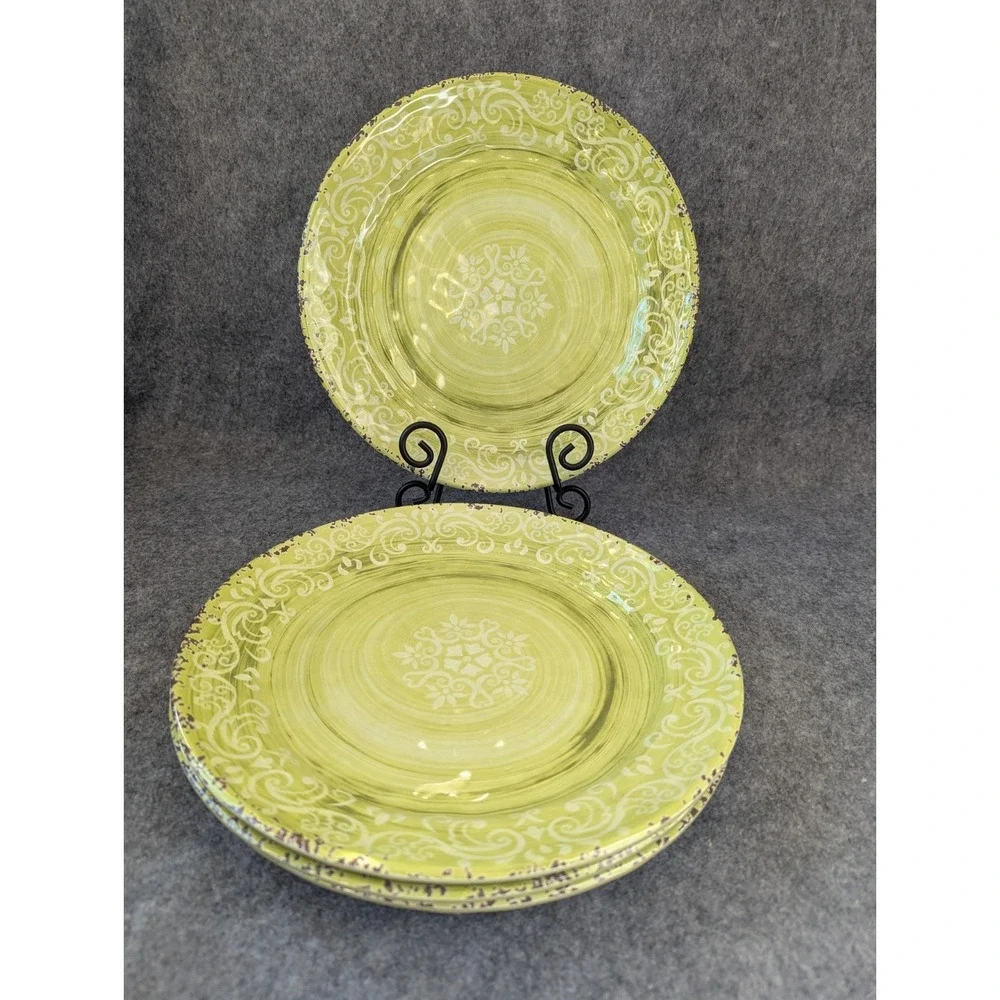 Set Of 4 Cynthia Rowley Melamine Dinner Plates Medallion Scroll Lime Green 11